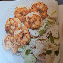 Garlic Shrimp with Potato-Cucumber Salad