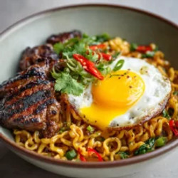 Spicy Lamb Chop Noodles With A Fried Egg