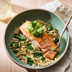 Skillet Salmon With Orzo &amp; Green Pea Pesto