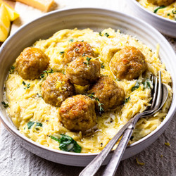 Lemon Butter Chicken Meatballs With Creamy Spinach Orzo