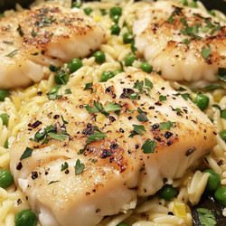 One-Pot Garlic Lemon Cod and Pea Orzo