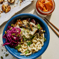 Chilled Sesame Noodles With Balsamic Mushrooms, Lime Slaw And Toasted Furikake Seeds With Sesa-miso Dressing