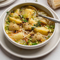 Potato And Brussels Sprouts Soup With White Beans