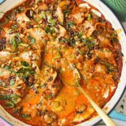 One Pan Baked Satay Dumplings