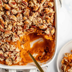 Vegan Sweet Potato Casserole w/ Maple Pecan Topping