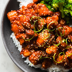 30-minute Honey Gochujang Glazed Salmon And Broccoli Bowls With Coconut Rice