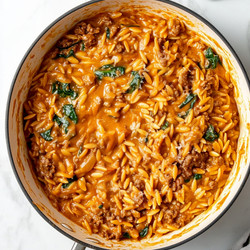 Hearty Ground Beef Orzo With Tomato Cream Sauce