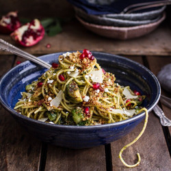 Manchego Brussels Sprout + Prosciutto Spaghetti W/brown Butter Pistachio Pangrattato.