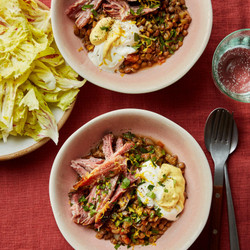 Braised Brown Sugar Ham Hock With Harissa Lentils And Creme Fraiche