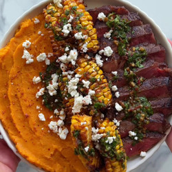 Chimichurri Steak With Corn Ribs And Sweet Potato Mash