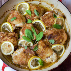 Dutch Oven Chicken Thighs With Lemon And Sage Butter Sauce