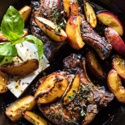 Skillet Balsamic Peach Pork Chops With Feta And Basil