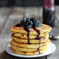 Jalapeno Cheddar Cornbread Pancakes With Roasted Blueberry Honey Syrup