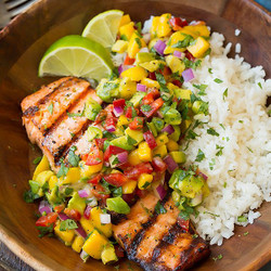 Grilled Salmon With Mango Salsa And Coconut Rice