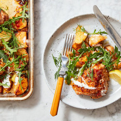 Sheet-Pan Chicken With Potatoes, Arugula and Garlic Yogurt