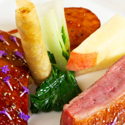 Roast Duck Crown With Turnip, Peach, Duck Croustillant And Red Wine Jus