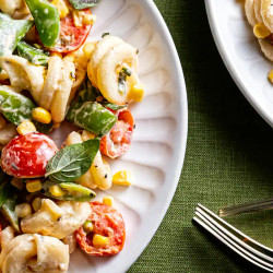 Pasta With Sugar Snap Peas, Corn And Goat Cheese