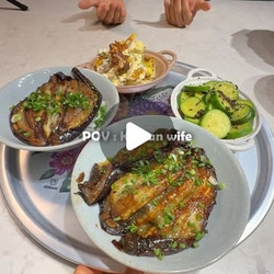 Soy-glazed Eggplant Rice Bowl, Crispy Roasted Potato &amp; Egg Salad
