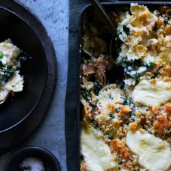 Pasta Bake With Tuna, Silverbeet, Stracciatella Cheese And Peas