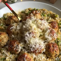 Boursin Chicken Meatballs with Cheesy Asparagus Orzo