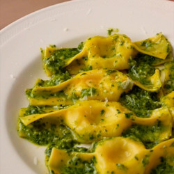 Scarpinocc Filled With Potato And Cheese Served With Basil Pesto