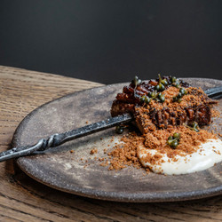 Suya Ox Tongue With Smoked Bone Marrow Emulsion And Wild Garlic Capers