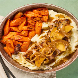 Pork Chops With Apple &amp; Onion Pan Sauce Plus Creamy Mashed Potatoes &amp; Roasted Carrots
