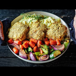 Garlic Herbed Mashers, Roasted Vegetables, And Crusted Tofu With Gravy