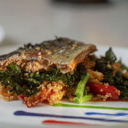 Trout With Mixed Grain Salad With Roasted Red Peppers And Harissa Dressing