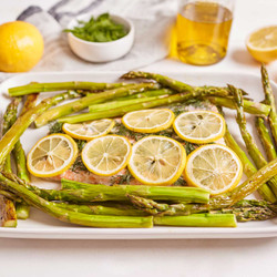Sheet Pan Salmon With Asparagus, Lemon, And Dill