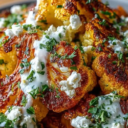 Garlic Roasted Cauliflower With Lemon Feta Sauce