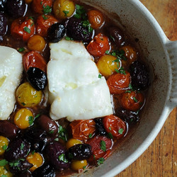 Roast Cod With Little Tomatoes And Assorted Olives
