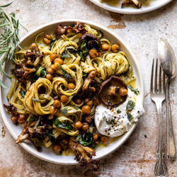 Slow Roasted Mushroom Pasta With Crisp Rosemary Chickpeas
