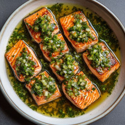 Miso Butter Salmon With Sizzled Scallion Salsa Verde