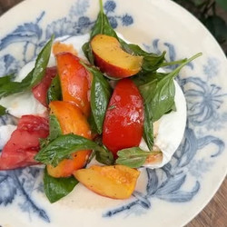 Peach, Tomato And Basil Salad Over Burrata