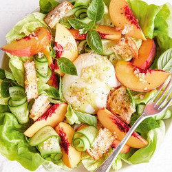 Peach, Basil And Burrata Salad With Garlic Croutons
