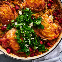 Chicken, Chorizo And Rice Bake With Dill And Feta Herb Salad