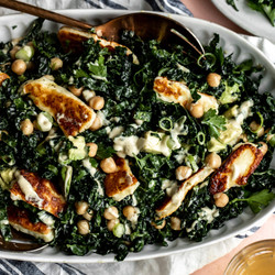 Crispy Halloumi Kale Salad With Garlic Tahini Dressing