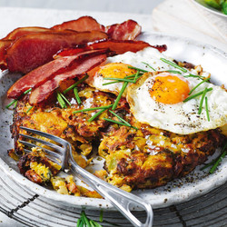 Potato, Brussels Sprouts And Pancetta Fritter With Fried Eggs And Bacon Recipe