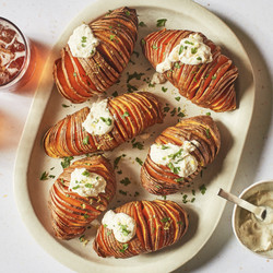 Hasselback Sweet Potatoes With Garlic-yogurt Sauce