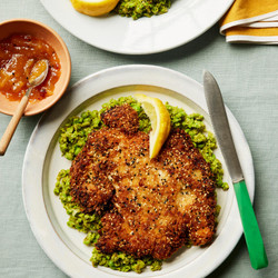 Mango Chicken Schnitzel With Lime-leaf Smashed Peas