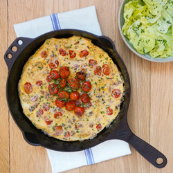 Blistered Tomato Frittata With Bacon, Cheddar, Chives &amp; Dressed Greens