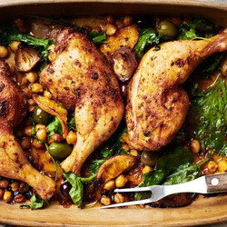 Baked Chicken Legs With Chickpeas, Olives, And Greens