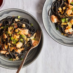 Squid Ink Pasta With Shrimp, Fennel, Tomatoes, And Bottarga Butter