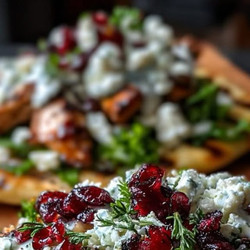 Grilled Chicken Flatbread With Feta, Greens &amp; Cranberry Yogurt Drizzle