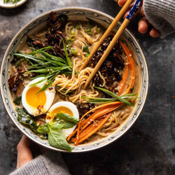 30 Minute Creamy Sesame Miso Ramen With Crispy Mushrooms.