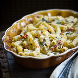 Greek Macaroni And Cheese With Roasted Garlic And Caramelized Leeks