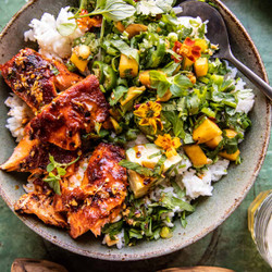 Chili Onion Crisp Salmon Bowl With Avocado Mango Salsa