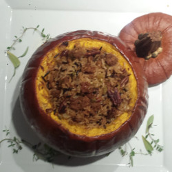 Wild Rice, Mushroom And ‘sausage’ Stuffed Pumpkin (vegan)