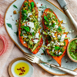 Gut-friendly Chicken Pesto + Goat Cheese Sweet Potato Pizza